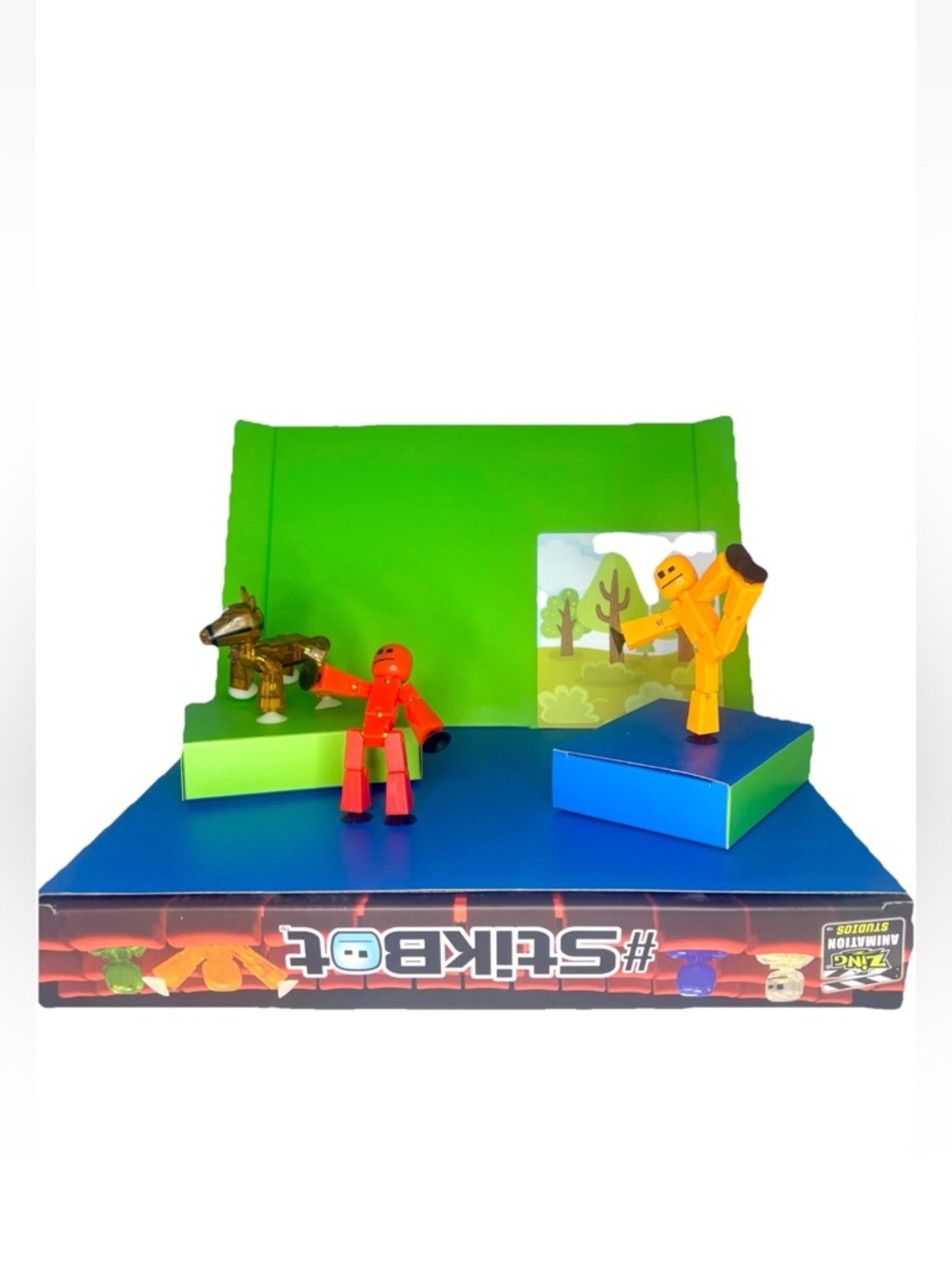StikBot Studio 3 Figures Horse Red Orange Z Screen Green Blue Stage Animation #